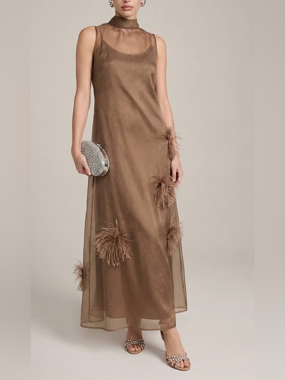 Few Moda o.p.t Naia NWT Brown Feather-Embellished Sheer Organza Dress